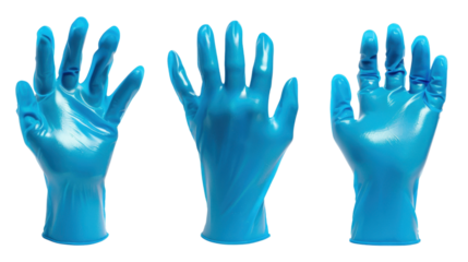 Blue nitrile gloves protecting hands on transparent background