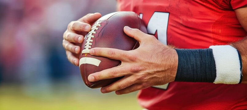 Close-up of a football player's hand holding a ball with a blurred stadium in the background, leaving space for text an American football action shot Generative AI