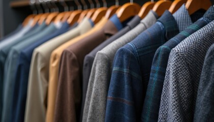Obraz premium Elegant row of men suits hang on wooden hangers. Classic, modern jackets in cool colors. Stylish wardrobe for businessman. Formal suits in store, atelier for office workers.