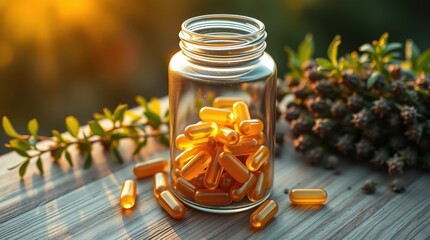 Golden capsules in a clear glass jar on a wooden surface, surrounded by leaves and nature elements.