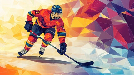 Fototapeta premium Hockey player slides on the ice with a stick. Geometric illustration. Abstract polygonal wireframe mesh - stock vector