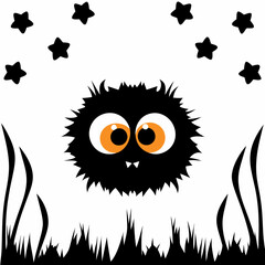  Illustration of a cute furry monster with big eyes surrounded by stars and grass, designed in minimalist vector style, perfect for whimsical and playful character projects. ​