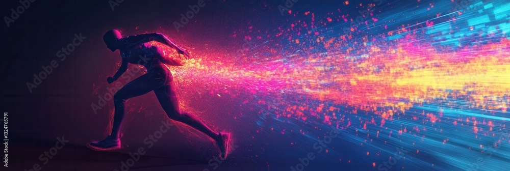 Aufkleber explosive neon color splashes surround a silhouette running in a high-energy cyberpunk atmosphere at