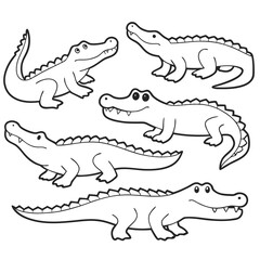 Set of five hand-drawn crocodile illustrations in simple line art style, perfect for wildlife and animal-themed projects on transparent background. ​
