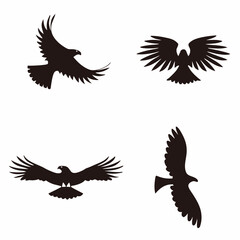 Fototapeta premium Set of four eagle and hawk silhouettes in flight on transparent background, designed in minimalist black vector style, ideal for wildlife and bird-related projects. ​​