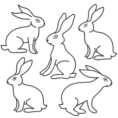 Set of five cute rabbit illustrations on transparent background, hand-drawn in minimalist line art style, perfect for animal-themed projects. ​
