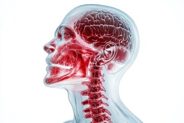 3D-rendered illustration of the human head and neck, X-ray style with red accents on a white background. 