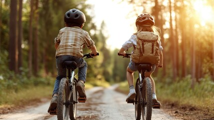 Two children are biking together along a beautiful forest path, highlighting the thrill of adventure and exploration in the great outdoors amidst vibrant nature.