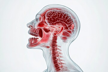 3D-rendered illustration of the human head and neck, X-ray style with red accents on a white background. 