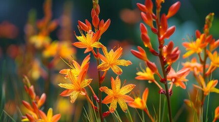Close up photo of Bulbine bulbosa plant with green leaves and yellow flowers in natural light