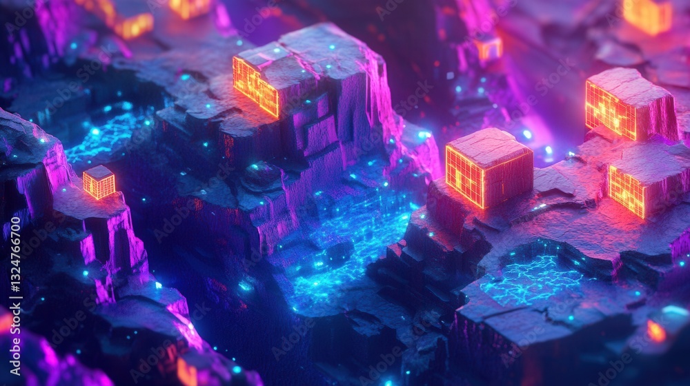 Poster Exploring a dynamic isometric world with colorful lighting and stylized terrain in a gaming-inspired environment filled with bright accents