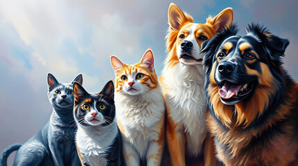 Obraz premium Perfect Pet Painting - Loving Family Of Cats And Dogs Posing Together Against Serene Sky.