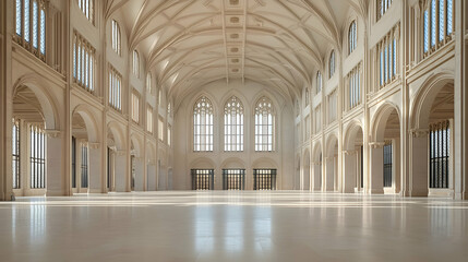 Grand interior hall featuring arched windows white ceiling columns and reflective floor with daylight illumination