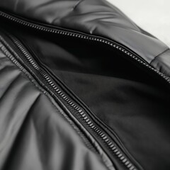 This close-up showcases the textured zipper of a black jacket, revealing fine details and craftsmanship from a unique perspective
