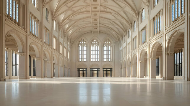 Grand interior hall featuring arched windows white ceiling columns and reflective floor with daylight illumination