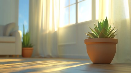 Fototapeta premium Sunlit indoor haven with a potted succulent plant near the window