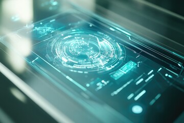 Futuristic teal holographic interface displays data streams and circular progress indicators.