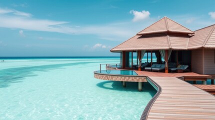 Seaside villa with private pool and pathway over tranquil turquoise waters under a bright blue sky.