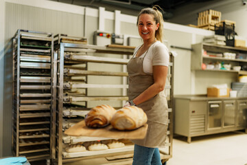 Professional baker woman smiling and holding a wooden peel with two freshly baked loaves of bread, working in a bakery with metal shelves and kitchen furniture in the background