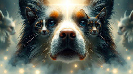 Perfect Pet Painting - Dog And Cats Gaze With Warmth, Ethereal Backlighting In Misty, Glowing Soft Aura Scene