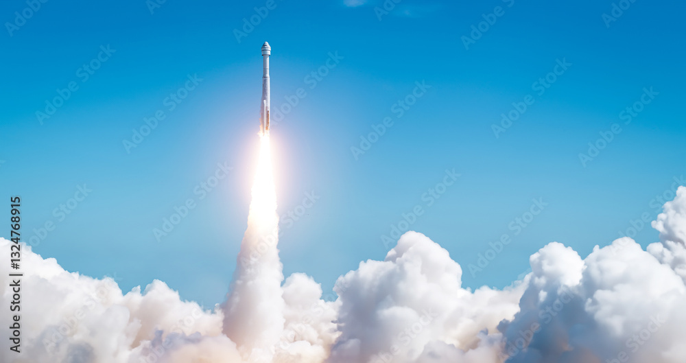 Leinwandbilder space rocket in the sky. spaceship launch in outer space. miison on orbit oe earth planet. elements 