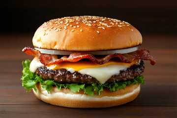 burger with bacon, cheese, and lettuce on a wooden background.
