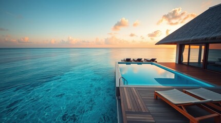 Fototapeta premium Tranquil oceanfront villa with infinity pool merging with the turquoise horizon at sunset. Serene getaway.