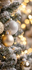Closeup of a Tree Adorned with Golden and Silver Ornaments Against a Blurred Background of Twinkling Lights