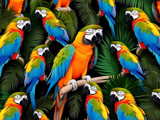 Naklejka premium Vibrant tropical parrots among colorful jungle feathers in artistic composition