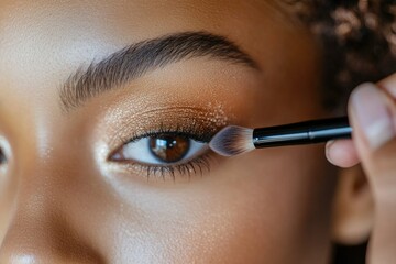 Naklejka premium A woman applying shimmery gold eyeshadow with a makeup brush, enhancing her brown eyes and defined eyebrows.