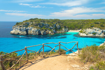 View from Mirador de Cala Macarella to Cala Macarelleta beach, Menorca, balearic island, Spain