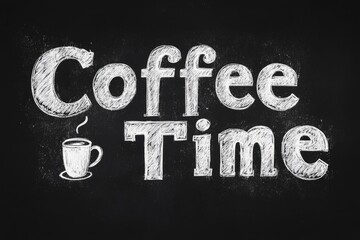 Charming chalkboard-style text design reading "Coffee Time" with hand-drawn coffee cup illustration. Cozy, vintage-inspired image, for cafes, menus, promotions, drink-related content and coffee lovers