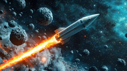 Obraz premium Rocket launching through an asteroid field in a dynamic cosmic scene