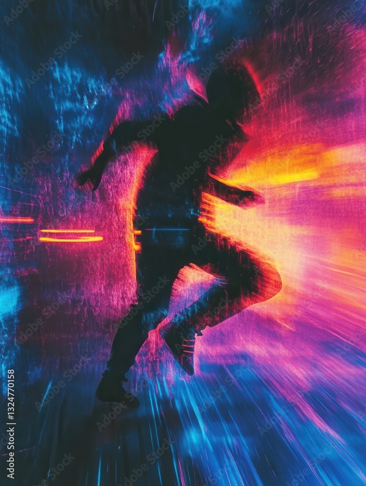 Poster Dynamic silhouette in explosive neon colors with motion blur showcasing a cyberpunk aesthetic