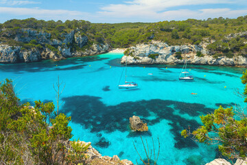 View over Macarella bay to Macarelleta beach, Menorca, balearic island, Spain
