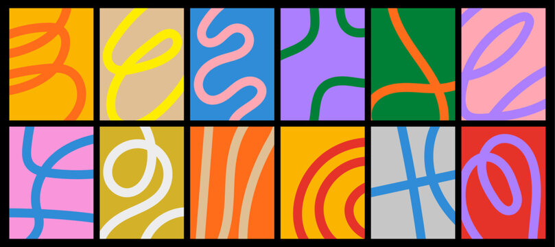 Set of abstract backgrounds with colorful lines and curves. Vector scribble patterns.