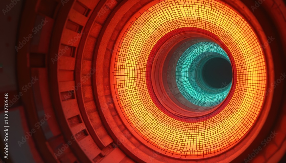 Poster Abstract eye-like structure featuring concentric circles of red, orange, cyan with grid pattern. Dome structure curved lines, geometric shapes, modern design, architectural, futuristic look. Tunnel