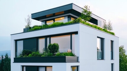 Contemporary architecture featuring a modern building with green rooftop garden