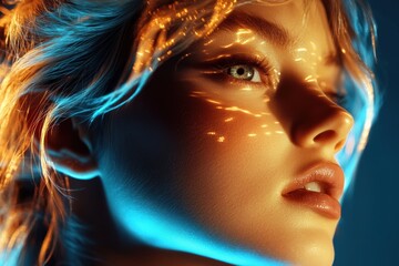 Captivating portrait of a woman with glowing reflections and striking features in a creative artistic setting