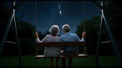A romantic moment of an old man and woman couple looking to the starry dark blue sky at midnight together in their backyard on a swing, reminiscing about their youthful days, 4K video - Powered by Adobe