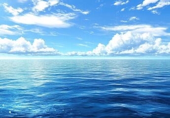 Fototapeta premium A wide shot of the vast, open ocean under a clear blue sky with fluffy white clouds.