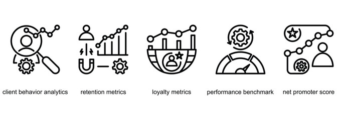 Relationship Analytics banner web icon vector illustration of client behavior analytics, retention metrics, loyalty metrics, performance benchmark, net promoter score