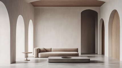 A modern minimalist interior featuring an elegant arch, a concrete floor, a sleek sofa, a coffee table, and curated decor. 3D render mockup