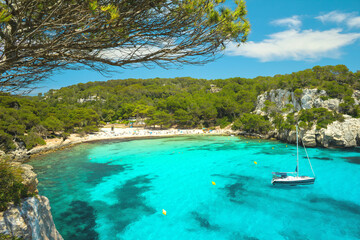 View to Cala Macarella beach at Menorca, balearic island, Spain