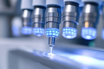 Close-up of advanced robotic machinery with illuminated tips, performing precise automated tasks.
