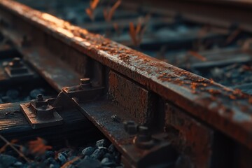 Close-up of a rusty, weathered railroad track at sunset, showcasing its aged texture and details.