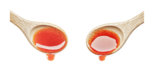 Close-up of liquid in wooden spoons: red and white substances, cut out