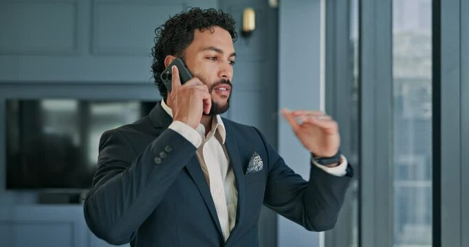 Businessman, window and corporate discussion with phone call for proposal or improvement. Man, employee or company advisor talking with mobile smartphone for business conversation or negotiation