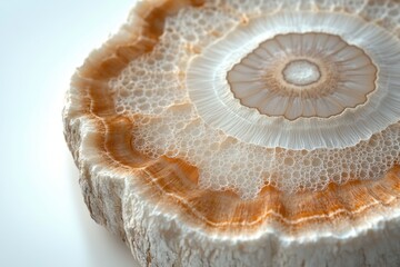 Close-up of a circular, layered stone with a concentric pattern, featuring bubbly textures and warm...