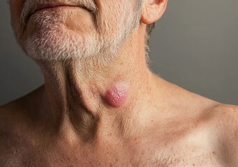 Naklejka premium Close-up of an elderly man's chest with a small, pink lesion on the skin. Closeup shot, stock photo, neutral background